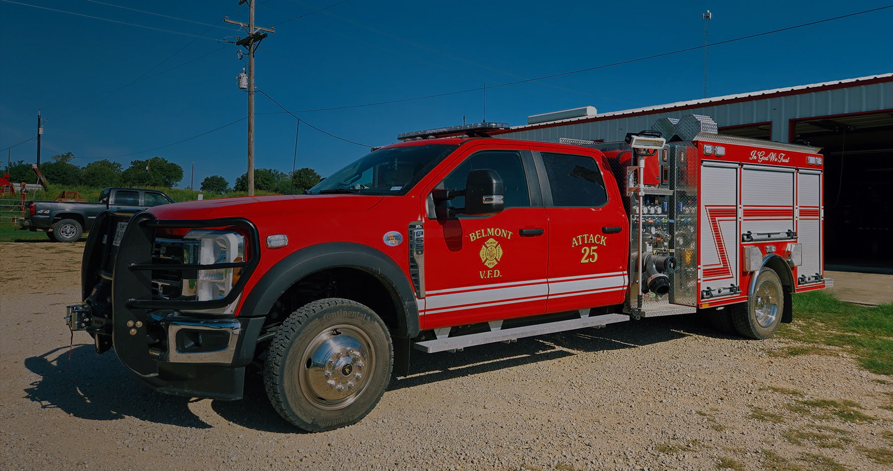 Banner of new Attack 25 fire truck at Belmont VFD